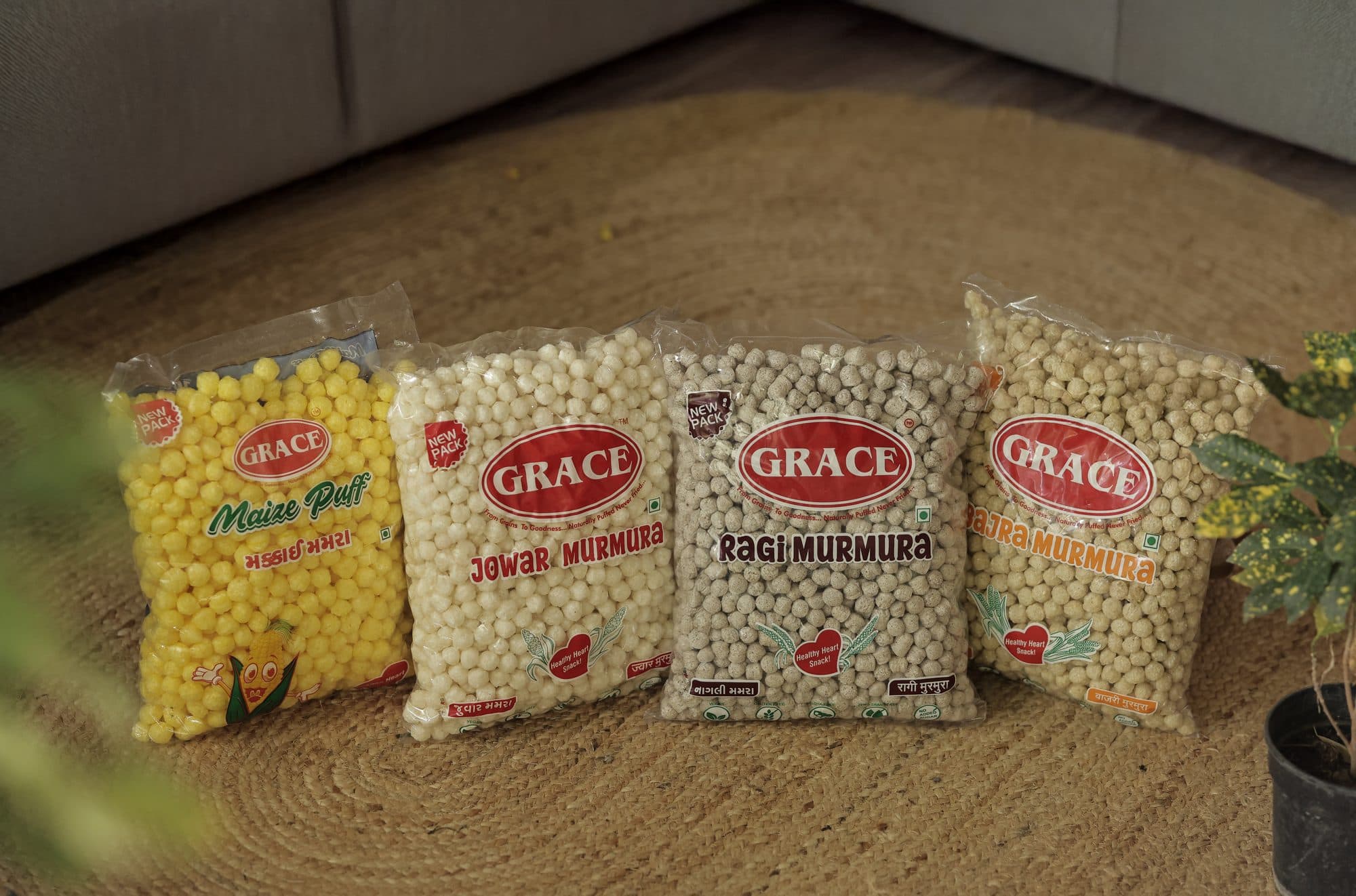 The full Grace murmura range — Makkai, Ragi, Bajri and Jowar packets arranged together